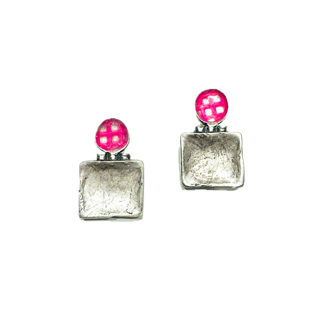 Hot Pink Grid Hollow Square Studs